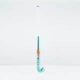 The Grays DB 5 Junior Hockey Stick 2026, in teal and white with orange accents and a Dynabow blade, stands upright on a white surface against a plain white background.