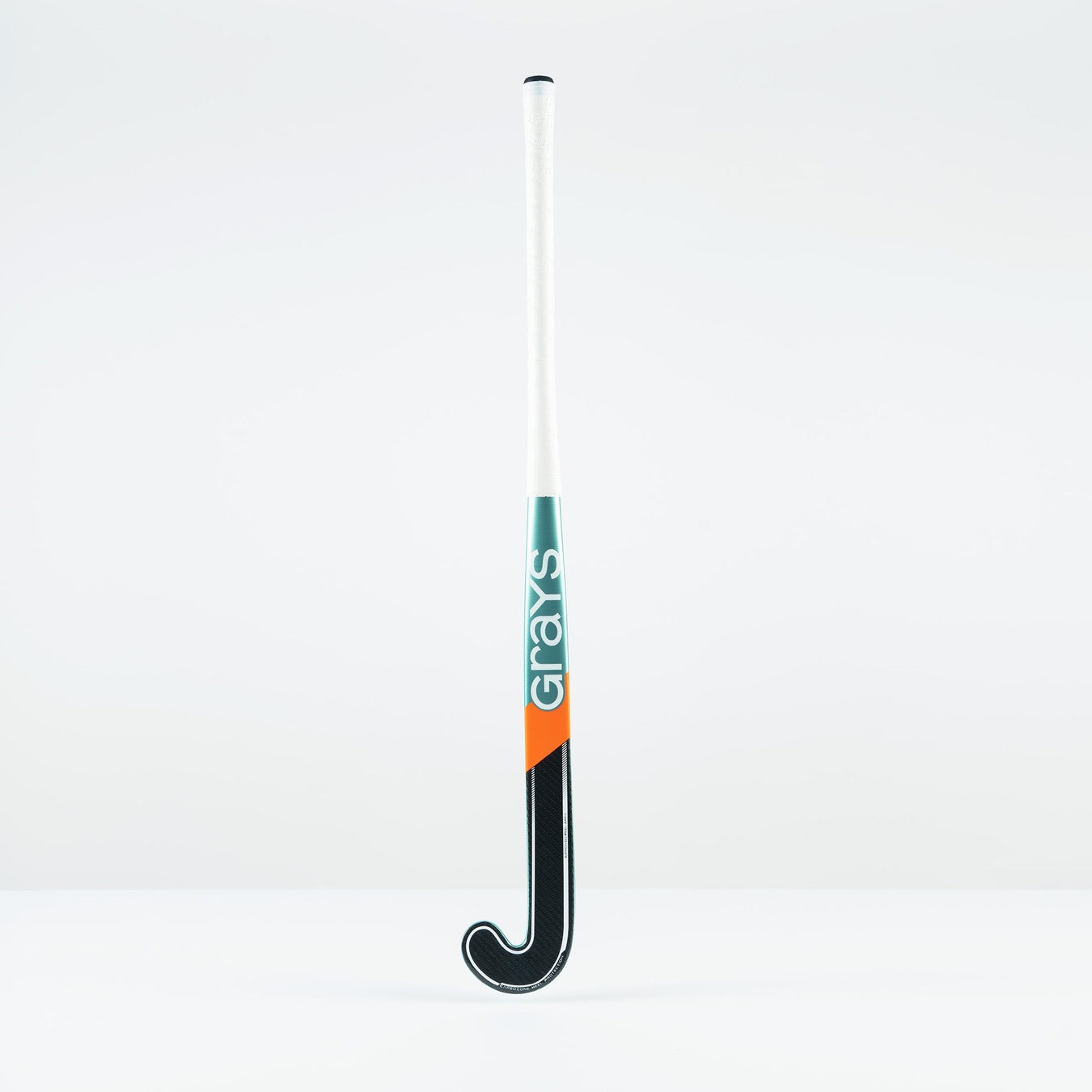 The Grays DB 5 Junior Hockey Stick 2026, featuring a Dynabow blade, black curved design with green and orange accents, and "Grays" in white on the shaft, stands upright against a plain white background—perfect for 3D skills.
