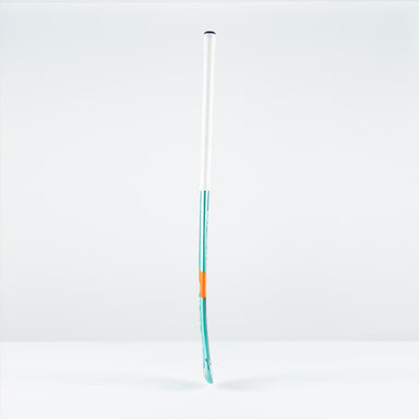 The Grays DB 5 Junior Hockey Stick 2026 by Grays stands upright with a white handle, turquoise lower section, and orange accent—perfect for enhanced 3D skill execution against a plain white background.