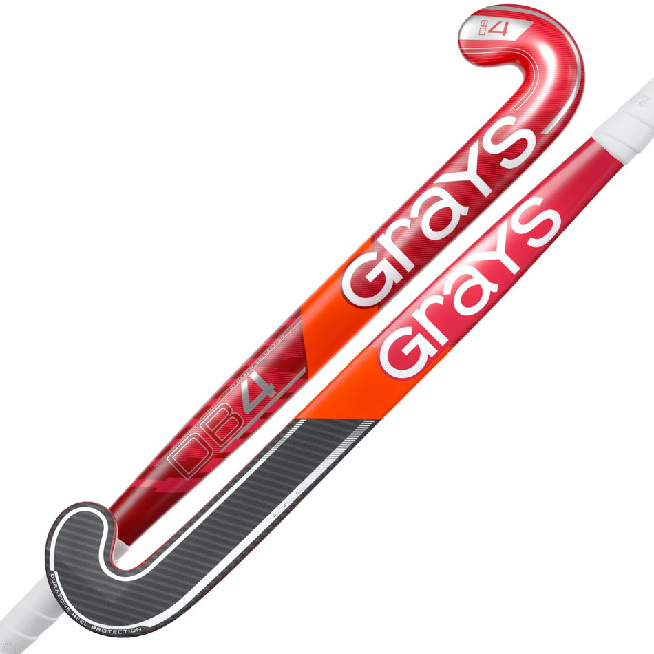Two Grays DB 4 Senior Hockey Sticks 2026 in red and white are shown side by side, with bold white branding, a carbon fiber-textured lower section, and an advanced Dynabow blade profile for better control.