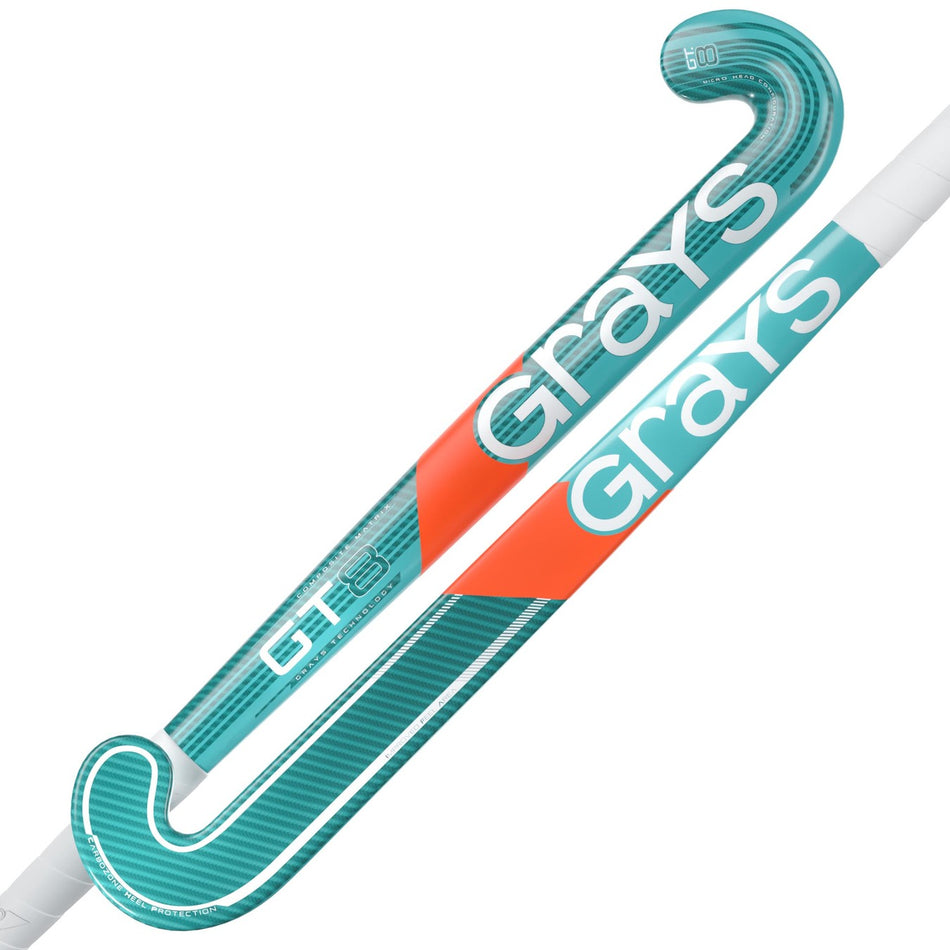 Two teal and white field hockey sticks with orange accents are shown, featuring the brand name Grays in large letters and the model GT 8 Senior Hockey Stick 2026.