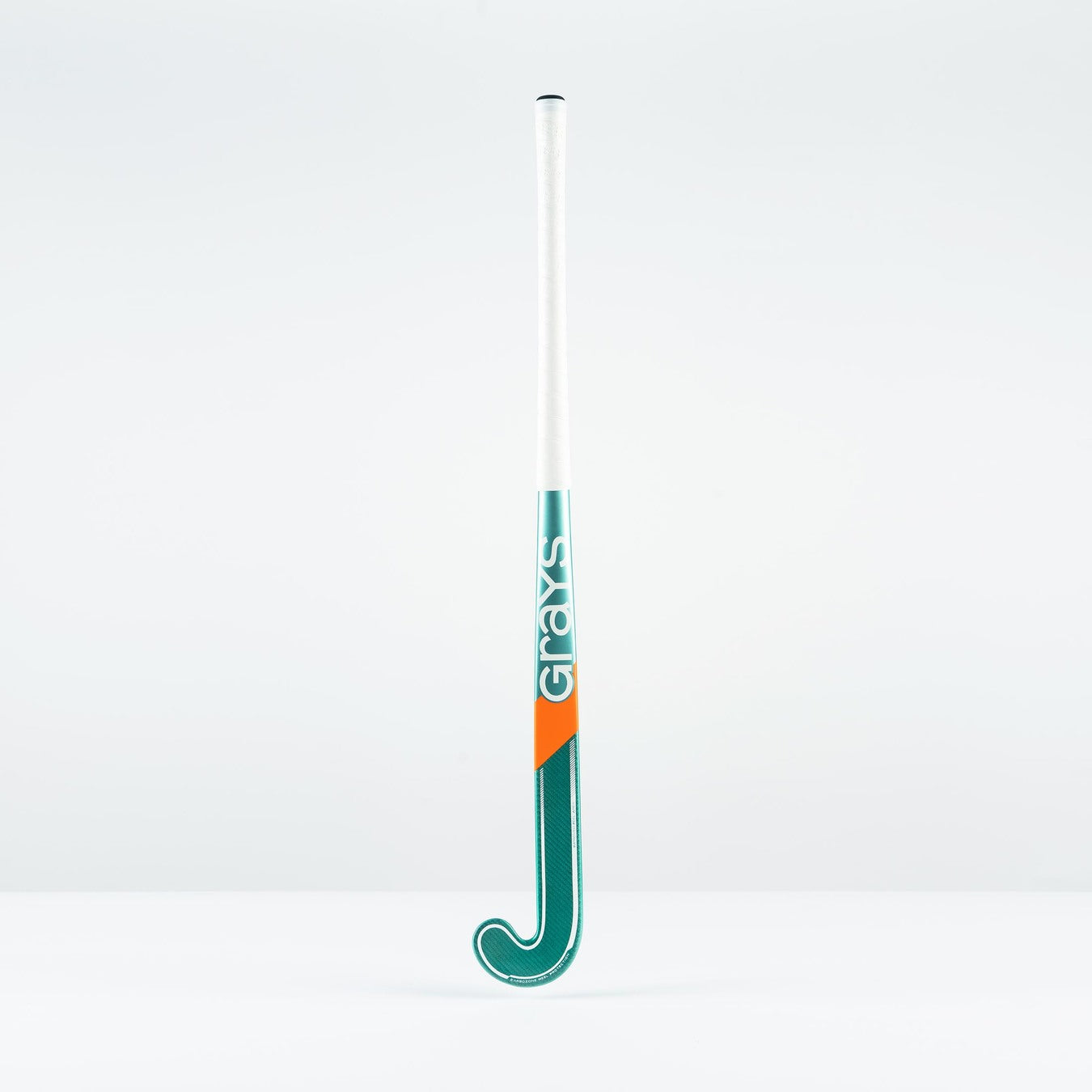 The Grays GT 8 Senior Hockey Stick 2026, in green and white with an orange diagonal stripe and large Grays logo, features aluminised-carbon construction for high power and all-round performance, shown upright against a plain white background.