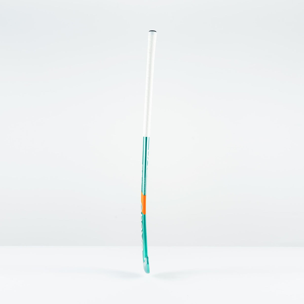 The Grays GT 8 Senior Hockey Stick 2026 by Grays features a white grip, teal shaft, orange accent, and aluminised-carbon construction for all-round performance and high power, shown standing upright against a plain white background.