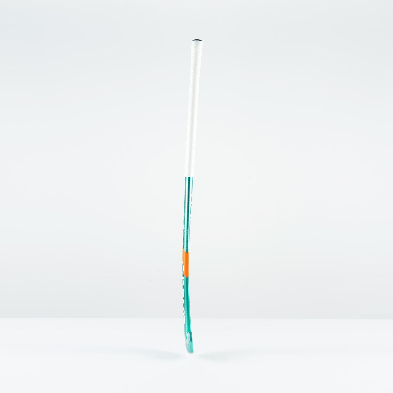 The Grays GT 8 Senior Hockey Stick 2026 by Grays features a white grip, teal shaft, orange accent, and aluminised-carbon construction for all-round performance and high power, shown standing upright against a plain white background.