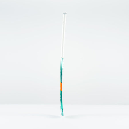 The Grays GT 8 Senior Hockey Stick 2026 by Grays features a white grip, teal shaft, orange accent, and aluminised-carbon construction for all-round performance and high power, shown standing upright against a plain white background.