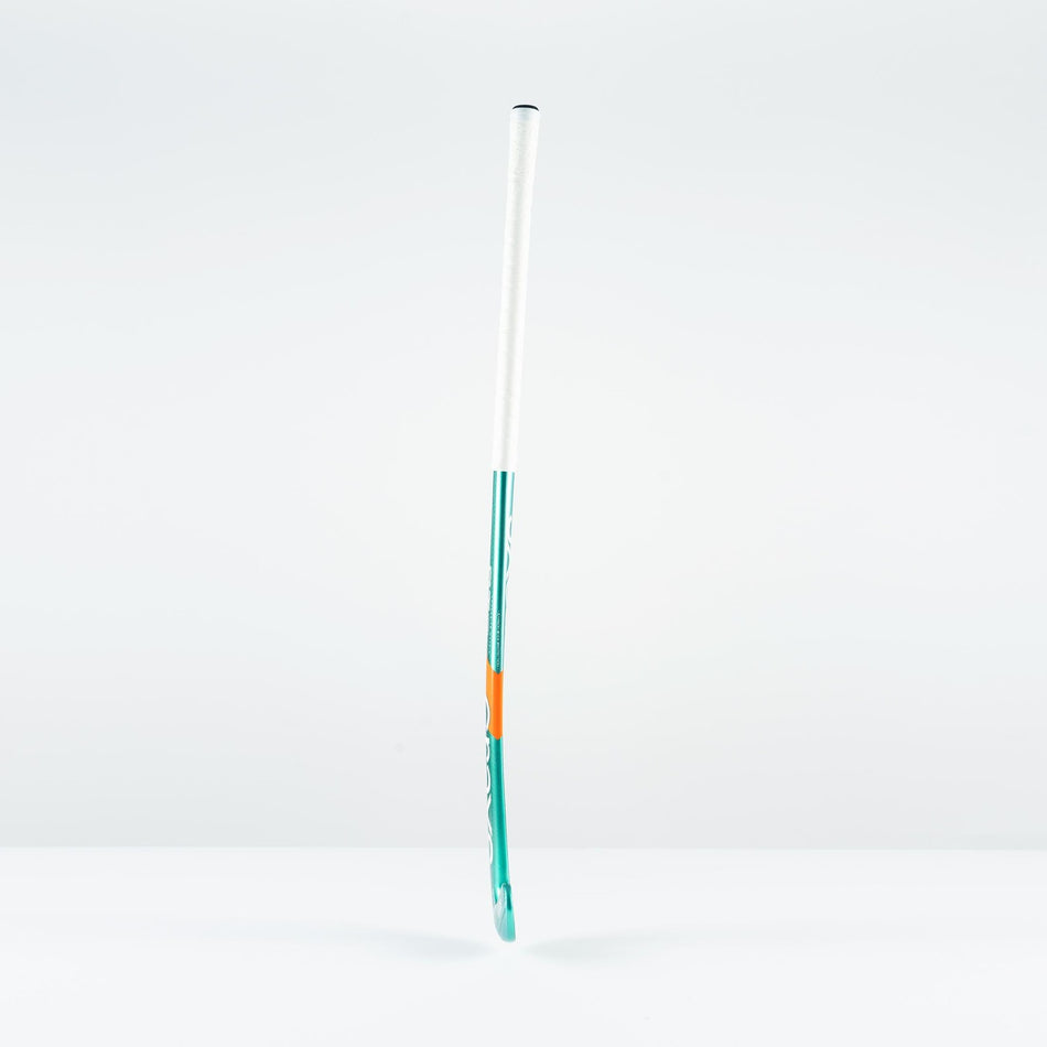 The Grays GT 8 Senior Hockey Stick 2026 by Grays features a white grip, teal shaft, orange accent, and aluminised-carbon construction for all-round performance and high power, shown standing upright against a plain white background.