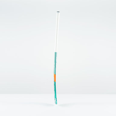 The Grays GT 8 Senior Hockey Stick 2026 by Grays features a white grip, teal shaft, orange accent, and aluminised-carbon construction for all-round performance and high power, shown standing upright against a plain white background.