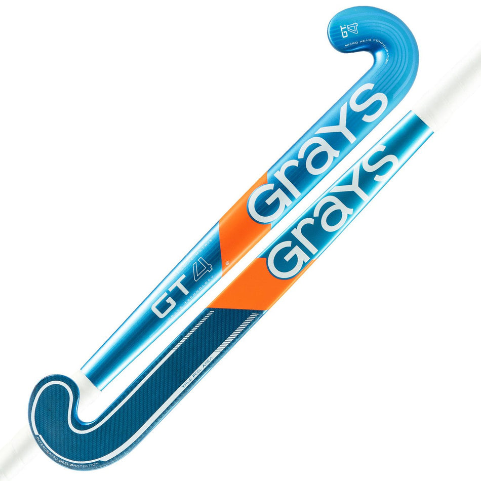 Two blue Grays GT 4 Senior Hockey Sticks 2026 are displayed side by side, featuring the bold white Grays logo and an eye-catching blue finish for all-round field performance.