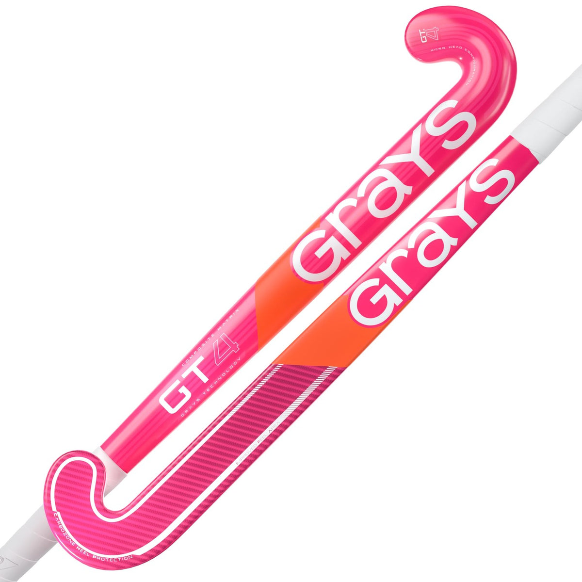 Two hot red Grays GT 4 Senior Hockey Sticks are shown with bold Grays branding and GT4 near the handle. These sticks provide intermediate control, all-round performance, and feature vibrant orange and pink striped accents.