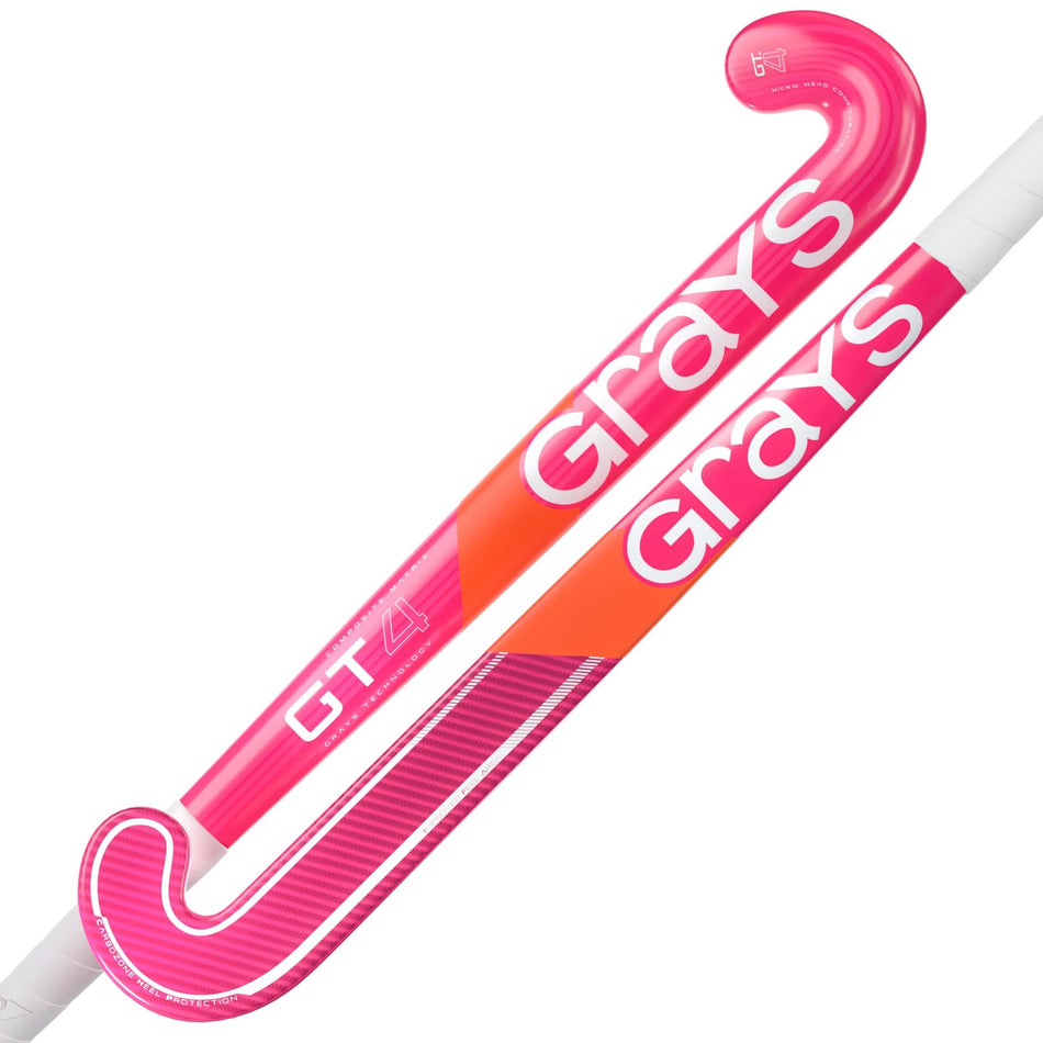 Two hot red Grays GT 4 Senior Hockey Sticks are shown with bold Grays branding and GT4 near the handle. These sticks provide intermediate control, all-round performance, and feature vibrant orange and pink striped accents.