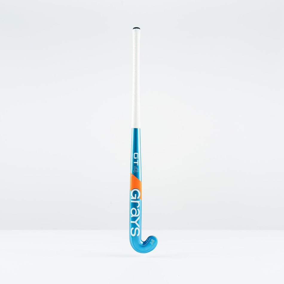 The Grays GT 4 Junior Hockey Stick 2026, in blue and designed for intermediate control, stands upright against a plain white background.