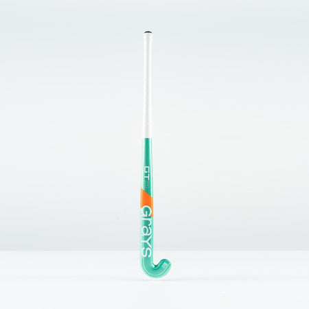 The Grays GT 3 Junior Hockey Stick 2026, in mint with orange and white accents, stands upright against a plain white background. Designed for all-round performance, it offers moderate power and control.