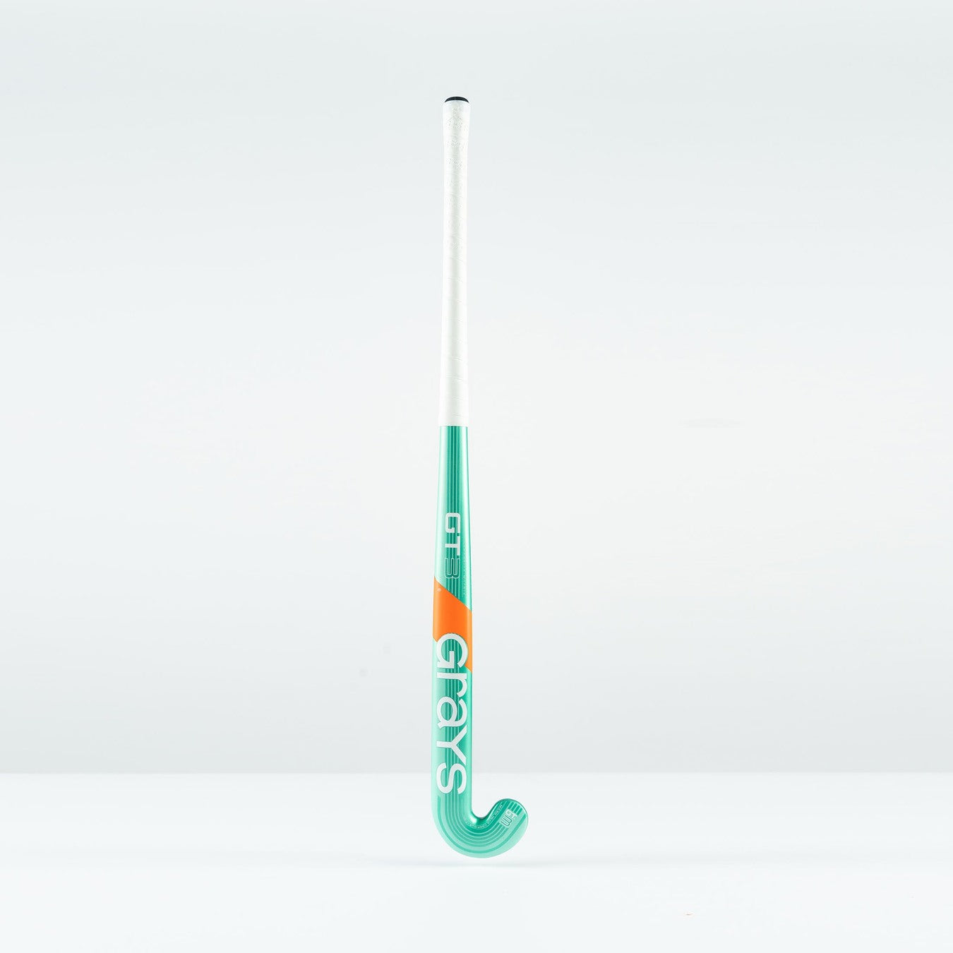 The Grays GT 3 Junior Hockey Stick 2026, in mint with orange and white accents, stands upright against a plain white background. Designed for all-round performance, it offers moderate power and control.