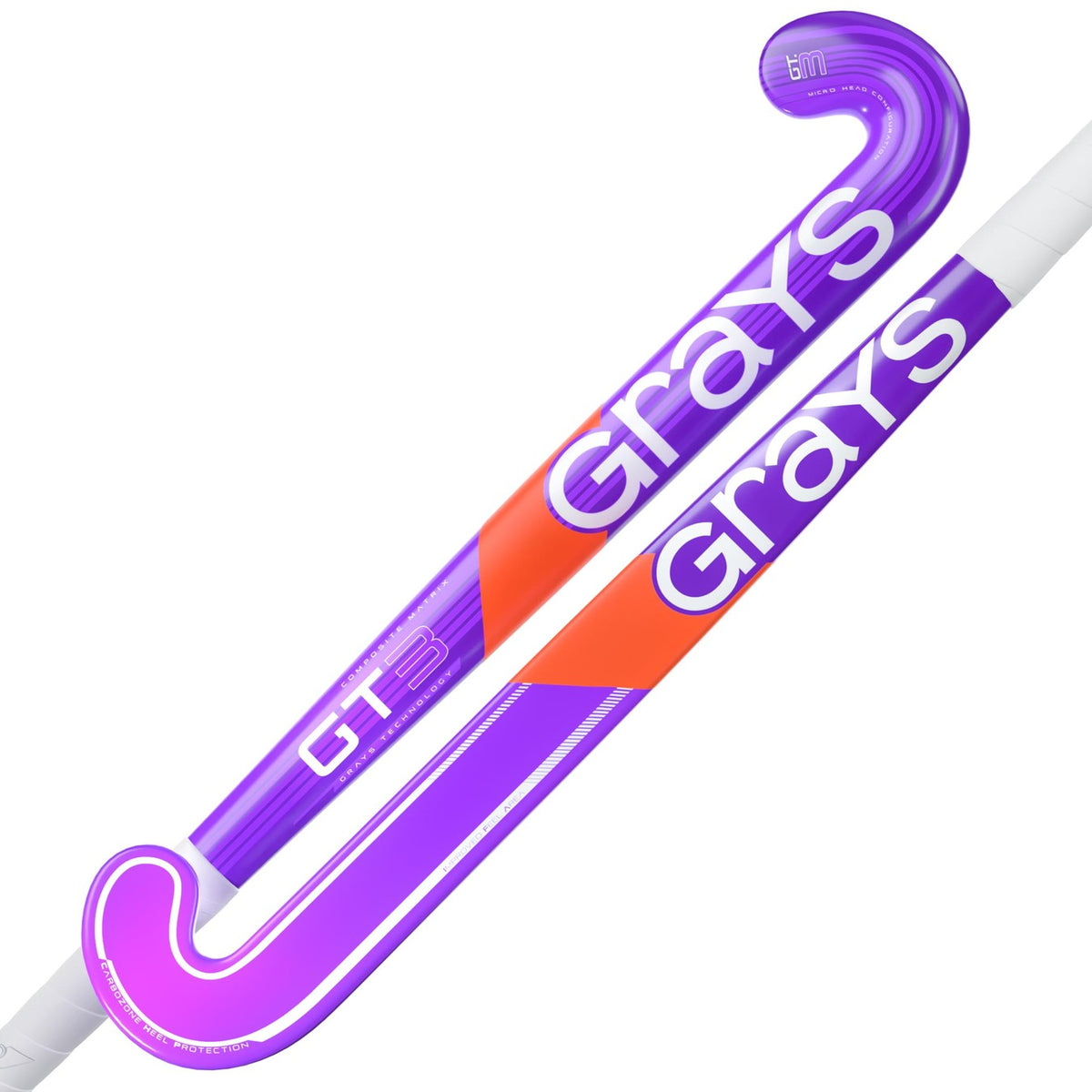 Two purple Grays GT 3 Senior Hockey Sticks 2026, featuring the Grays brand name, are placed diagonally—highlighting their all-round performance for balanced power and control.