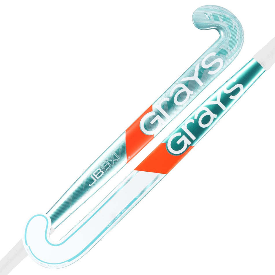 The Grays JB8Xi Jumbow Indoor Senior Hockey Stick features a teal, white, and orange design with the Grays brand name. Its Jumbow blade is ideal for drag flicking and offers advanced control for field hockey players.