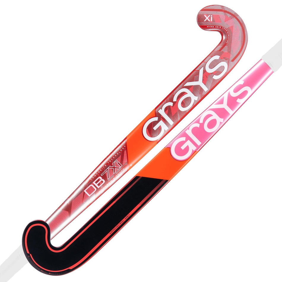Two Grays DB7Xi Dynabow Indoor Senior Hockey Sticks 2026, in red and pink with bold white Grays logos, are side by side—each designed with a sleek Dynabow blade for versatile all-round play.