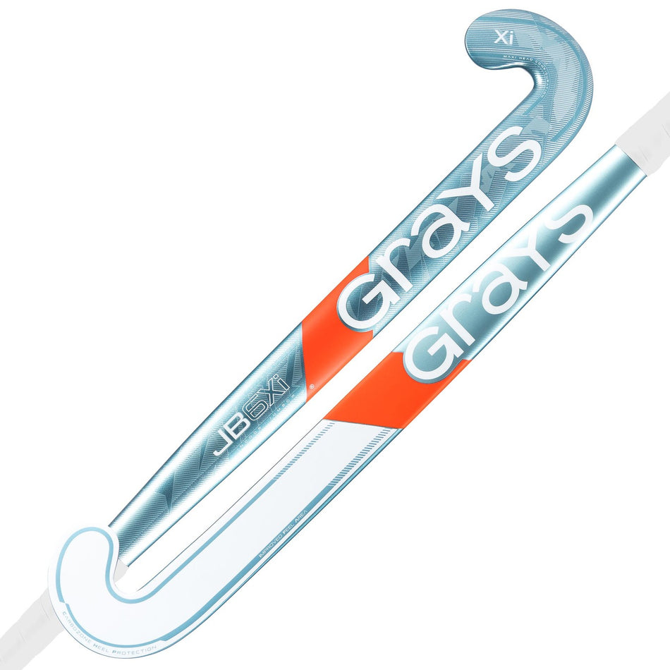 Two modern Grays JB6Xi Jumbow Indoor Senior Hockey Sticks 2026 feature a blue, white, and orange design and a Jumbow blade for improved drag flick skills.