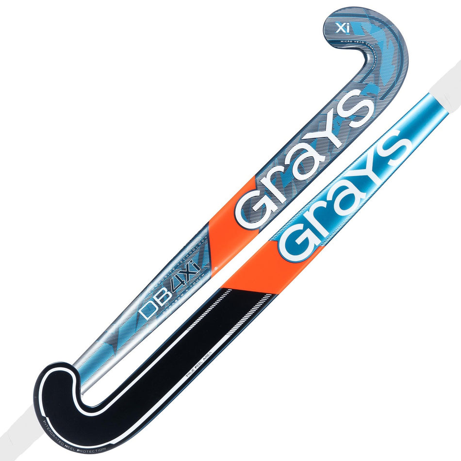 Two Grays DB4Xi Dynabow Indoor Senior Hockey Sticks overlap, showcasing a blue, orange, black, and white design with the Grays logo and a Dynabow blade for versatile all-round skills.