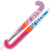 Two Grays DB3Xi Dynabow Indoor Senior Hockey Sticks for 2026 are crossed, mainly pink with blue, orange, and white accents. Large white “Grays” lettering decorates the shaft and their Dynabow blades suit all-round hockey skills.