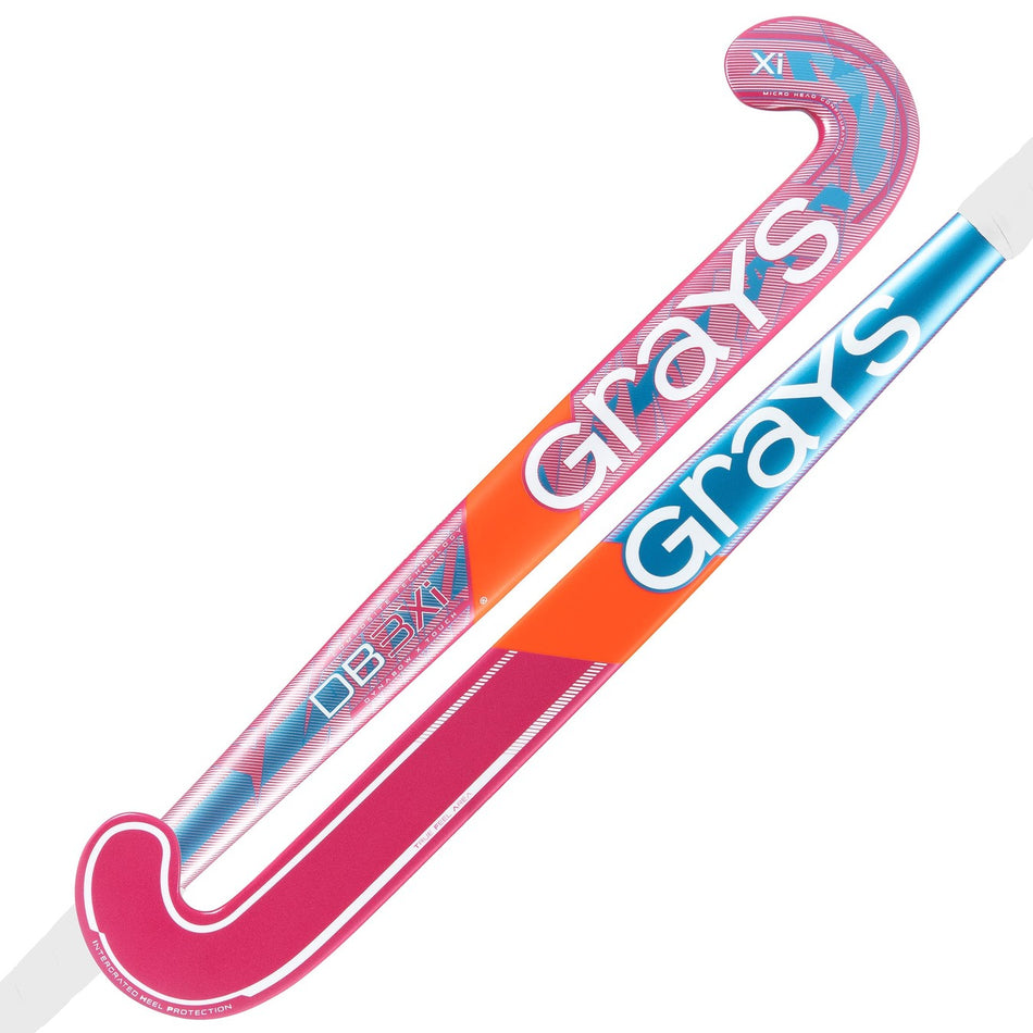 Two Grays DB3Xi Dynabow Indoor Senior Hockey Sticks for 2026 are crossed, mainly pink with blue, orange, and white accents. Large white “Grays” lettering decorates the shaft and their Dynabow blades suit all-round hockey skills.