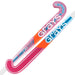Two Grays DB3Xi Dynabow Indoor Senior Hockey Sticks for 2026 are crossed, mainly pink with blue, orange, and white accents. Large white “Grays” lettering decorates the shaft and their Dynabow blades suit all-round hockey skills.