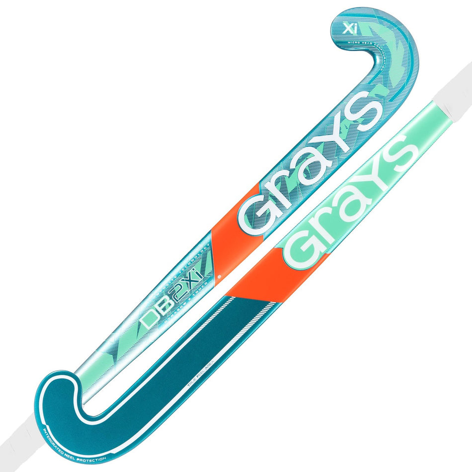 Two teal and orange Grays DB2Xi Dynabow Indoor Senior Hockey Sticks 2026 are shown—one front, one back. Both display the Grays brand name in large white letters along the stick and feature a Dynabow blade for all-round skills.