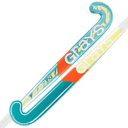Two Grays DB1Xi Dynabow Indoor Senior Hockey Sticks 2026: one in teal with orange and white accents, the other in yellow with white and orange details. Both feature modern design and Dynabow blade for versatile play.