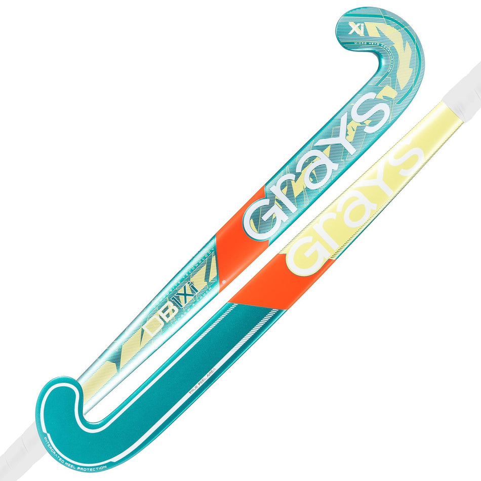 Two Grays DB1Xi Dynabow Indoor Senior Hockey Sticks 2026: one in teal with orange and white accents, the other in yellow with white and orange details. Both feature modern design and Dynabow blade for versatile play.
