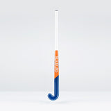 The Grays JB6GXi Jumbow Indoor Senior Hockey Stick, in blue, orange, and white, stands upright against a plain light gray background—expertly crafted by Grays for maximum control and precision in indoor play.
