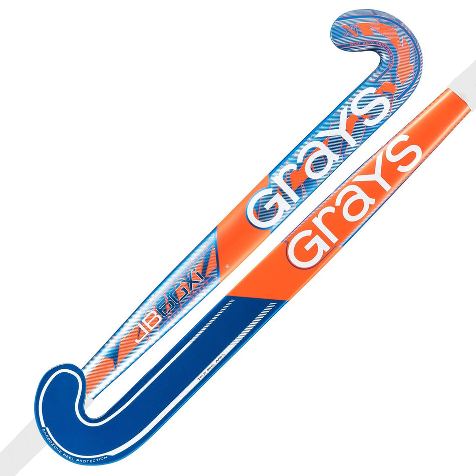 Two Grays JB6GXi Jumbow Indoor Senior Hockey Sticks in orange, blue, and white are displayed front and back—ideal for drag flicking enthusiasts.