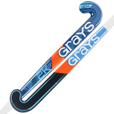 Two blue and orange Grays GK2K Ultrabow Goalie Hockey Sticks with bold white GRAYS branding, textured grips, curved blades, and reinforced mid-sections are overlapped against a white background.