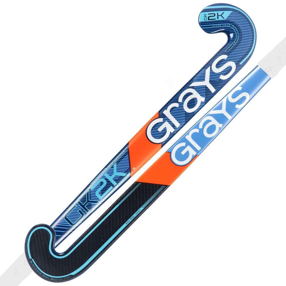 Two blue and orange Grays GK2K Ultrabow Goalie Hockey Sticks with bold white GRAYS branding, textured grips, curved blades, and reinforced mid-sections are overlapped against a white background.