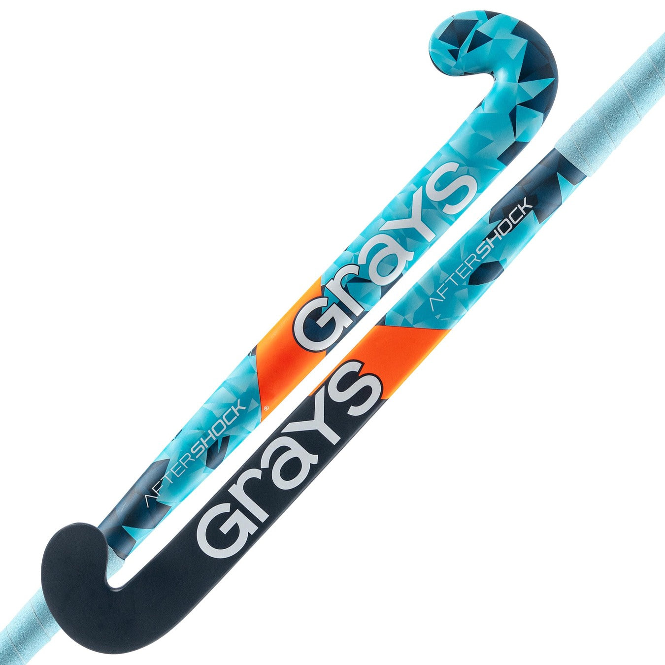 Two Grays Aftershock Wooden Hockey Sticks from Grays, both in Navy/Sky, featuring a contoured handle and classic bow shape—perfect choices for young players.