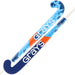Two blue Grays Aftershock Wooden Hockey Sticks, featuring contoured handles and classic bow shapes with white/orange geometric patterns and "AFTERSHOCK" branding, are positioned parallel to display both sides—perfect for young players.