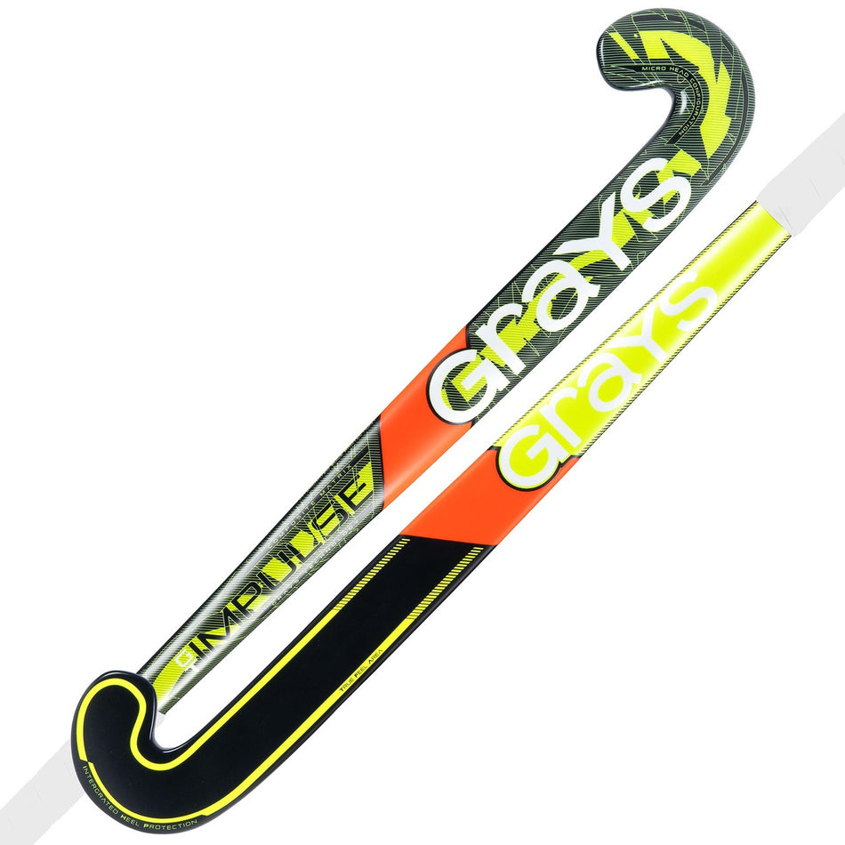Two Grays Impulse GT Wooden Hockey Sticks, junior size, feature a Fluoro Yellow and Black design with the Grays brand name in bold white letters along the shaft.