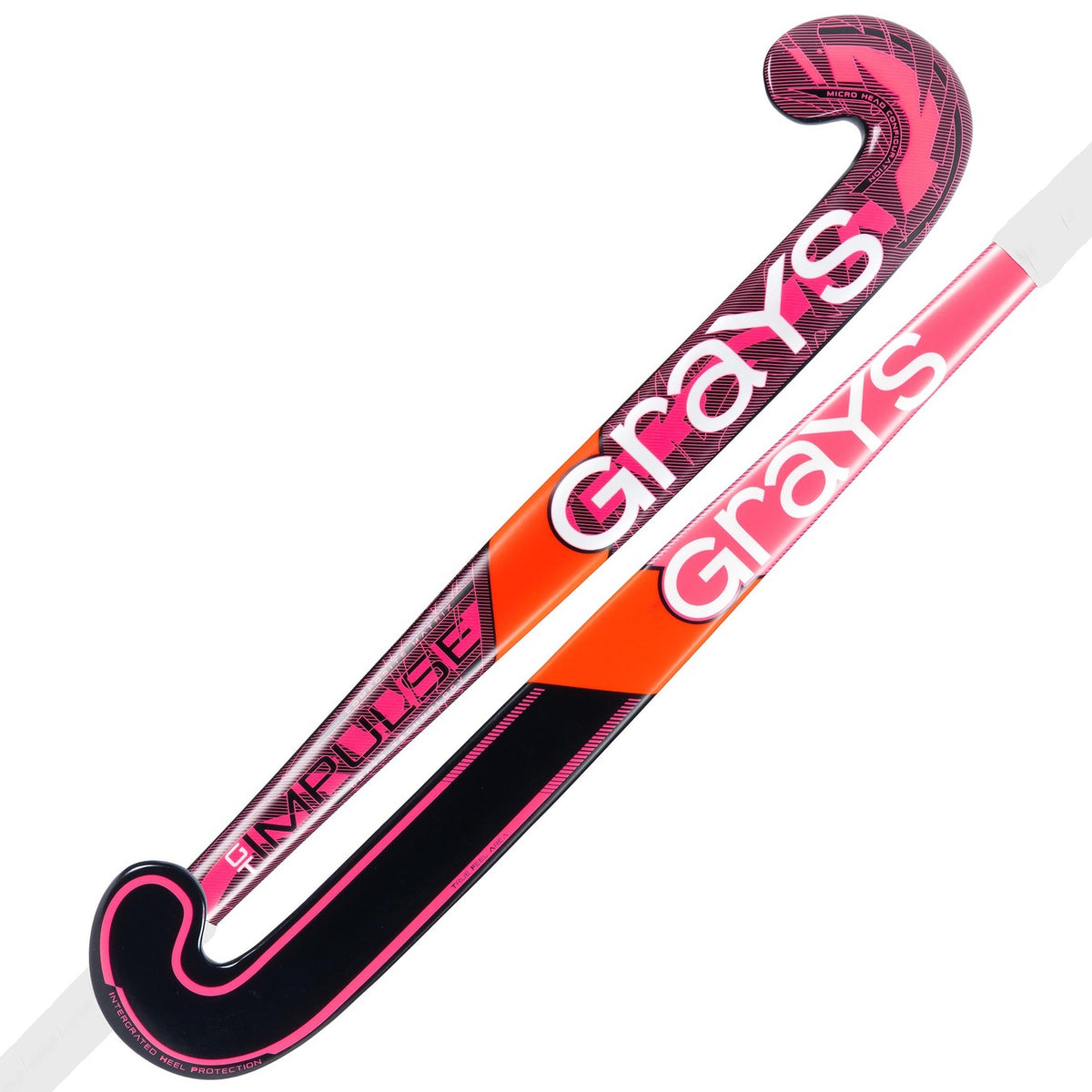 Two Grays Impulse GT Wooden Hockey Sticks are shown in hot red and black, both with the Grays logo and curved blades, displayed side by side. Ideal for young players moving up from a basic wooden stick.