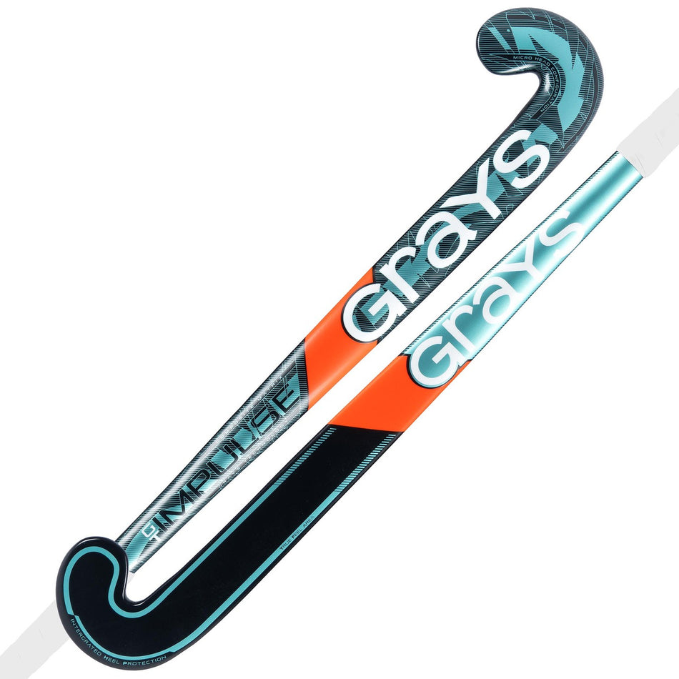 Two Grays Impulse GT Wooden Hockey Sticks, featuring a modern Ocean Blue and Black design with bold branding, are positioned diagonally on a white background. Ideal for young players looking for a quality stick.