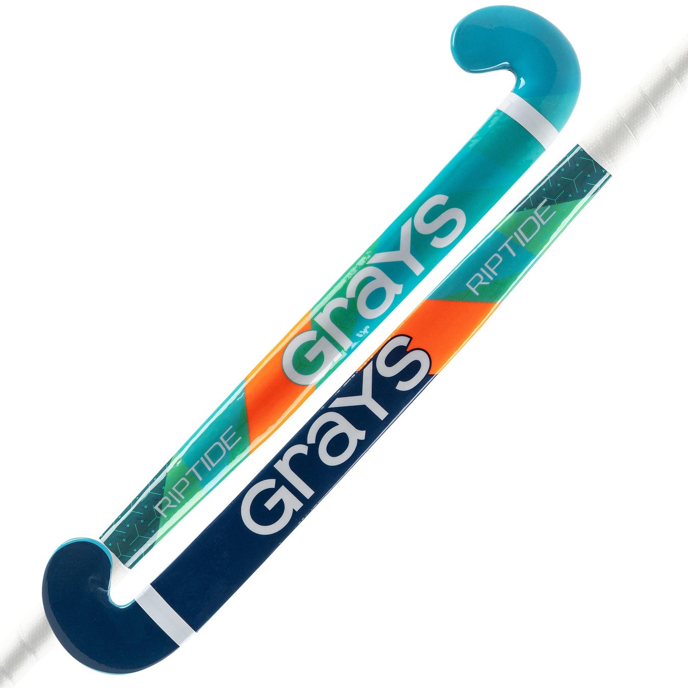 Two Grays Riptide Wooden Hockey Sticks by Grays, shown in Blue/Green, each with a straight curve ideal for young players and featuring the Grays logo and Riptide text along the shaft.