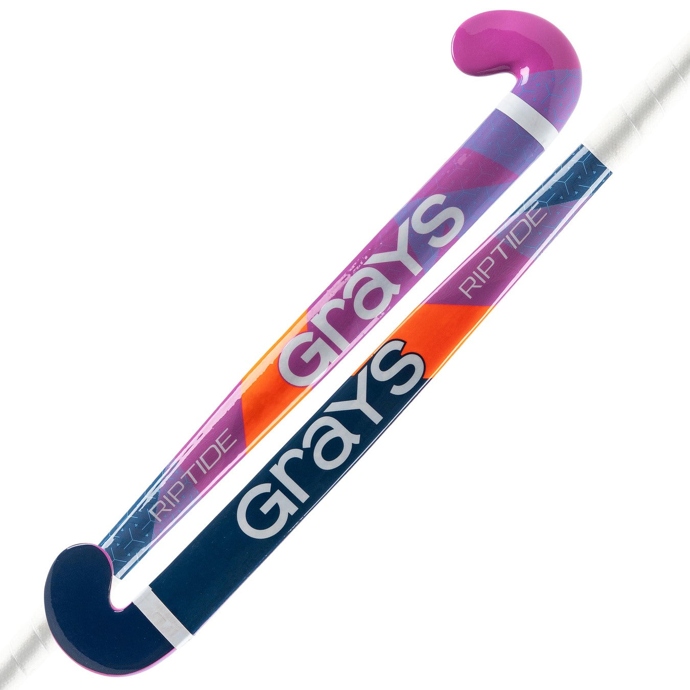 Two Grays Riptide Wooden Hockey Sticks, in Pink/Blue, are displayed side by side. Each has "RIPTIDE" branding and a curved end, with one stick mainly purple/pink and the other dark blue/orange.