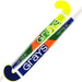 Two Grays Riptide Wooden Hockey Sticks by Grays: one in yellow with orange accents and one in blue with orange accents, each featuring a curved end, contoured handle for young players, and the Grays logo along the shaft.