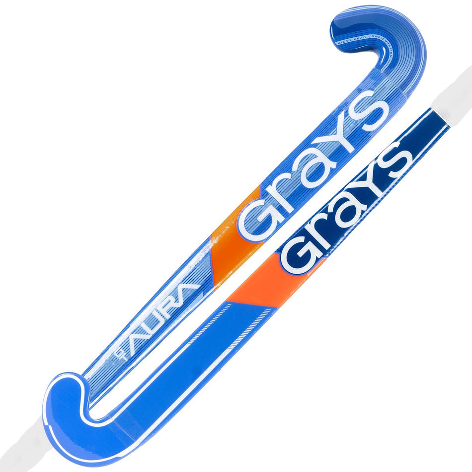 Two blue Grays Aura GT Wooden Hockey Sticks, designed for young players, are crossed and displayed on a white background. The Grays brand name appears prominently in large white letters.