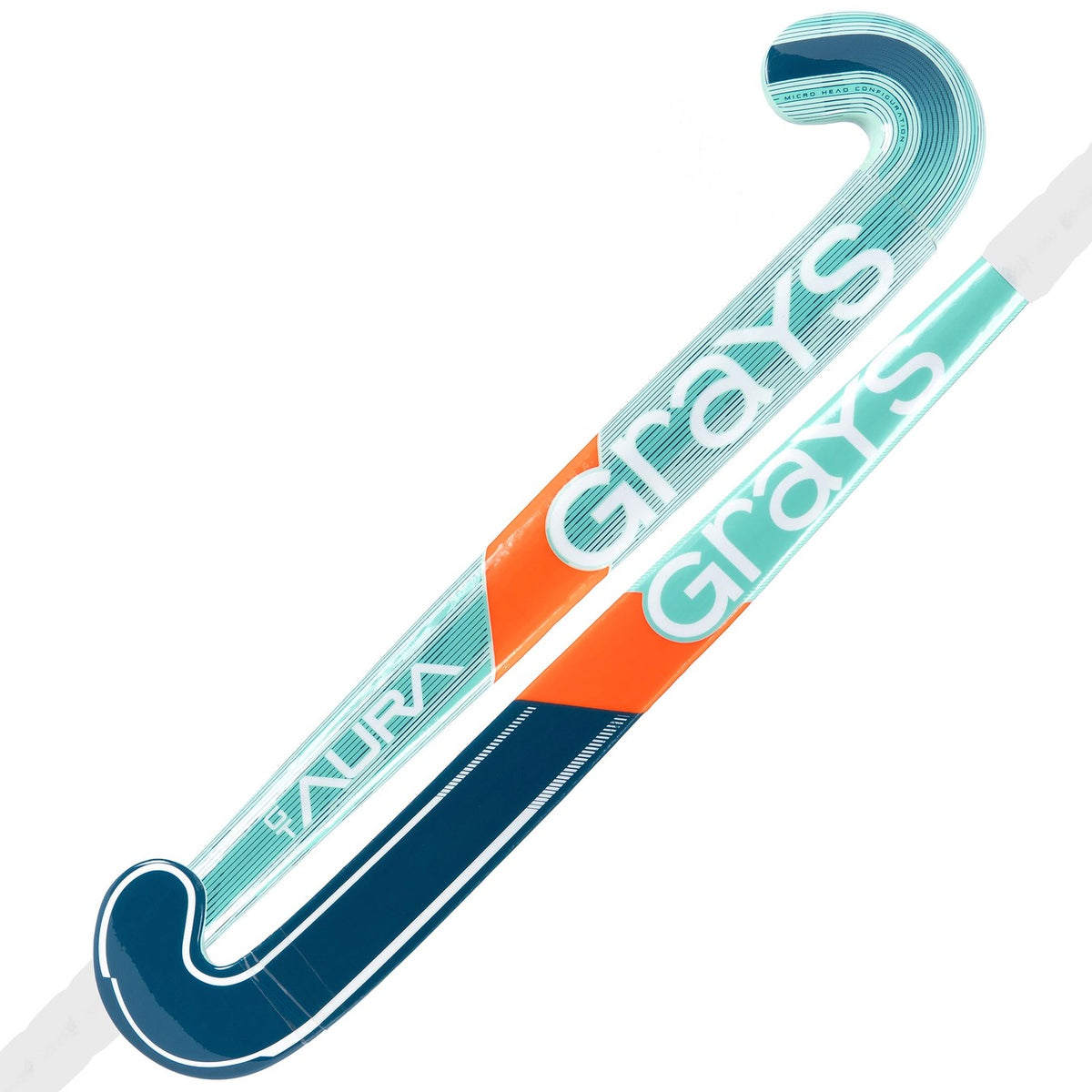Two Grays Aura GT Wooden Hockey Sticks overlap, designed for young players. Showcasing the iconic Grays brand with a modern teal and navy color scheme.