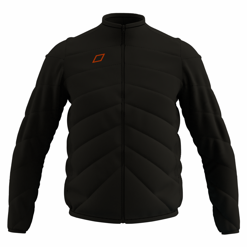 The Grays GTS Performance Full Zip Jacket is a black, quilted, water-repellent jacket by Grays with long sleeves and a small orange square logo on the left chest, shown against a white background.