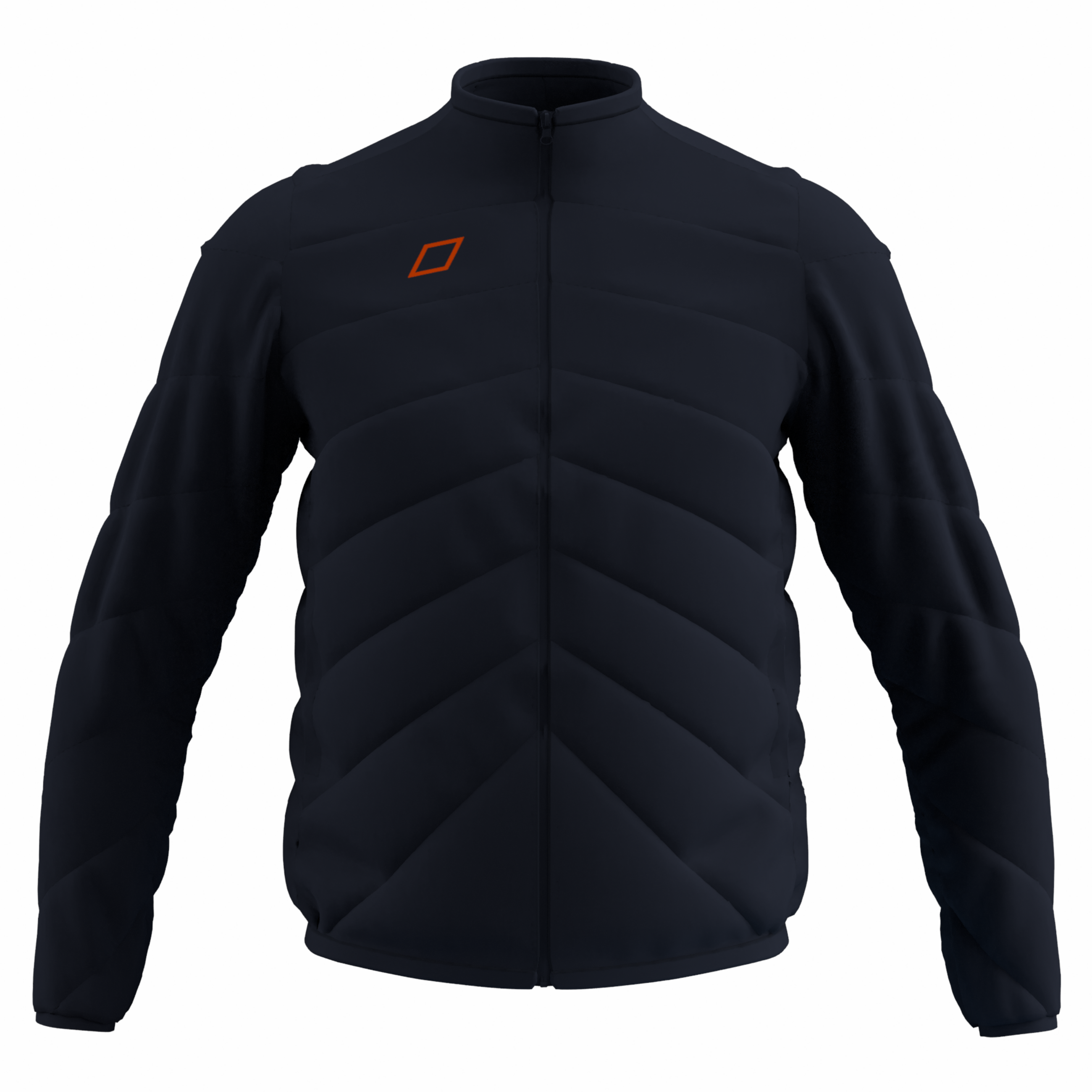 The Grays GTS Performance Full Zip Jacket is a dark navy, quilted jacket with long sleeves, stand-up collar, water-repellent finish, and a subtle orange square logo on the left chest. Displayed on a white background.