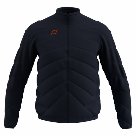 The Grays GTS Performance Full Zip Jacket is a dark navy, quilted jacket with long sleeves, stand-up collar, water-repellent finish, and a subtle orange square logo on the left chest. Displayed on a white background.