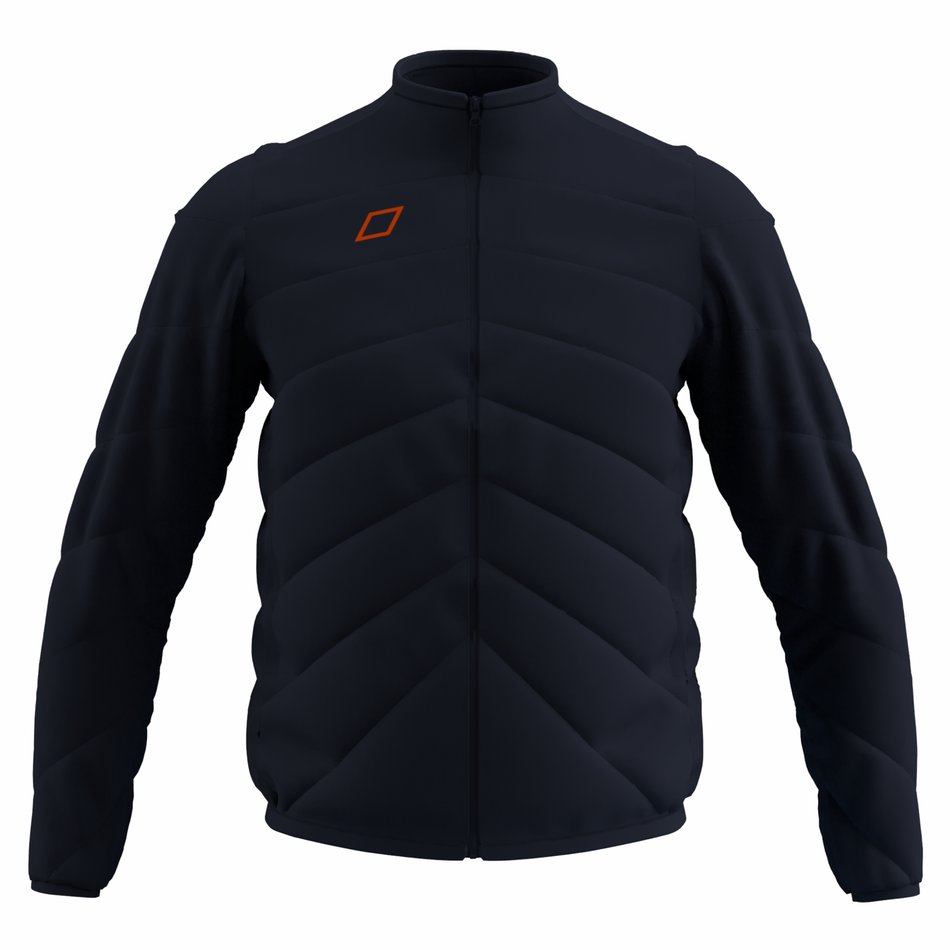The Grays GTS Performance Full Zip Jacket is a dark navy, quilted jacket with long sleeves, stand-up collar, water-repellent finish, and a subtle orange square logo on the left chest. Displayed on a white background.