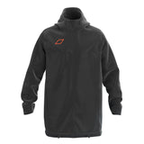 The Grays TTS All Weather Jacket by Grays is a black, long-sleeved, hooded jacket with a full zip, orange geometric logo on the left chest, relaxed fit, adjustable hem drawstrings, and a cozy quilted lining for warmth.