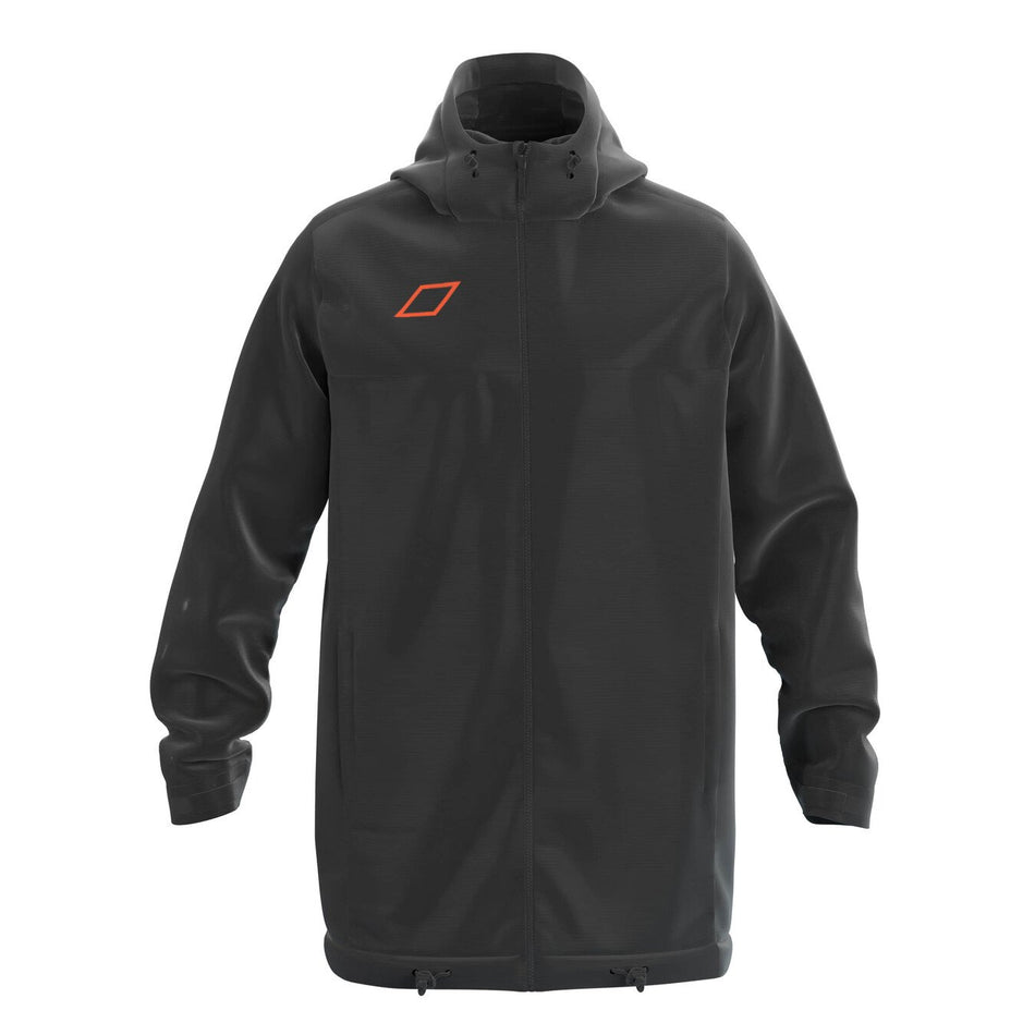 The Grays TTS All Weather Jacket by Grays is a black, long-sleeved, hooded jacket with a full zip, orange geometric logo on the left chest, relaxed fit, adjustable hem drawstrings, and a cozy quilted lining for warmth.