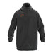 The Grays TTS All Weather Jacket by Grays is a black, long-sleeved, hooded jacket with a full zip, orange geometric logo on the left chest, relaxed fit, adjustable hem drawstrings, and a cozy quilted lining for warmth.