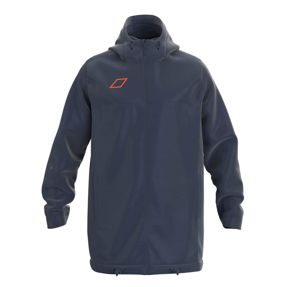 The Grays TTS All Weather Jacket by Grays is a dark navy hooded jacket with a front zipper, long sleeves, orange geometric logo on the left chest, high collar, adjustable hem drawstrings, and cozy quilted lining for warmth.